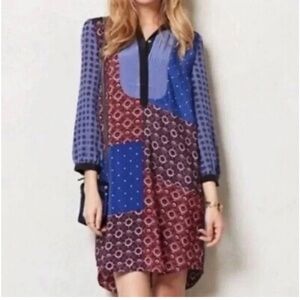 Anthropologie MOULINETTE SOEURS Silk Shirt Dress Womens Medium Long Sleeve Blue